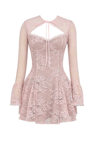 Blush lace mini dress with long sheer sleeves, a flirty cutout neckline with a ribbon tie, and a flattering fit-and-flare silhouette. Perfect for date nights, weddings, and special occasions.