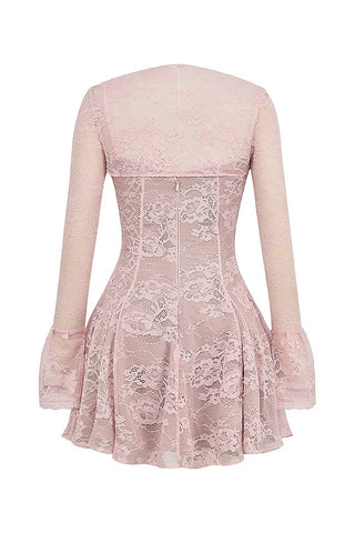 Blush lace mini dress with long sheer sleeves, a flirty cutout neckline with a ribbon tie, and a flattering fit-and-flare silhouette. Perfect for date nights, weddings, and special occasions.