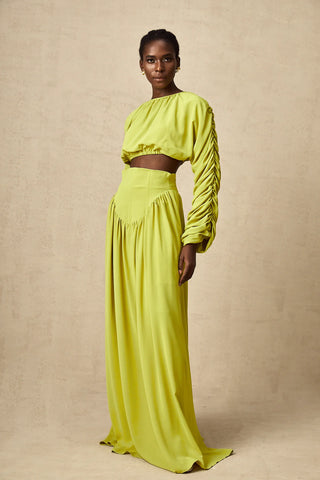 Model wearing a pistachio lime  green smocked long-sleeve crop top paired with a high-waisted pleated maxi skirt, perfect for summer and spring events. Two piece Skirt Set Maxi Long Sleeve - Vienna Shopping Brands to buy things to buy vienna christmas