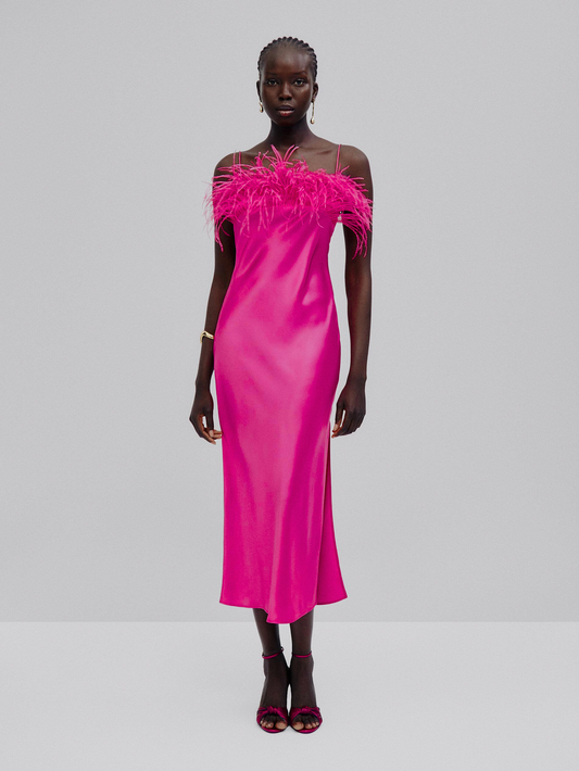 Liamy - Silk Satin Feather Trim Dress pink, Cielie, Pink Dress, Summer dress pink feather, Pink bridesmaids dress, Pink satin dress