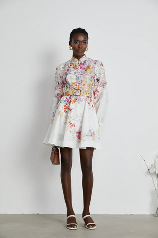Floral Mini Dress White Pink Longsleeve Linen - Cielie Vienna Fashion Brand Shopping