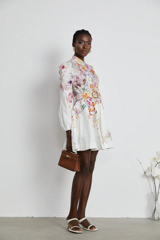 Floral Mini Dress White Pink Longsleeve Linen - Cielie Vienna Fashion Brand Shopping