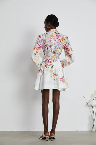 Floral Mini Dress White Pink Longsleeve Linen - Cielie Vienna Fashion Brand Shopping
