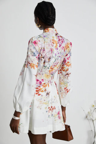 Floral Mini Dress White Pink Longsleeve Linen - Cielie Vienna Fashion Brand Shopping