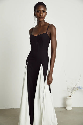 Yvette black and white pleated maxi dress with adjustable straps and scoop back. Vienna Brand Shopping Fashion