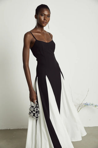 Yvette black and white pleated maxi dress with adjustable straps and scoop back. Vienna Brand Shopping Fashion