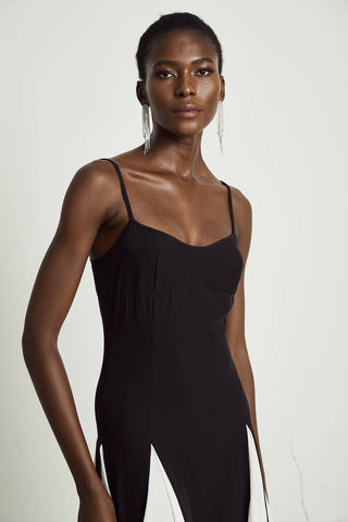 Yvette black and white pleated maxi dress with adjustable straps and scoop back. Vienna Brand Shopping Fashion