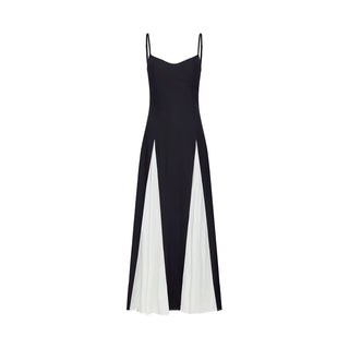 Yvette black and white pleated maxi dress with adjustable straps and scoop back. Vienna Brand Shopping Fashion
