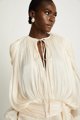 A chic ivory mini dress with long pleated sleeves, a twist waist design, and a ruffled hem, perfect for bridal events or summer occasions. Cielie White ivory mini dress long sleeve chiffon.