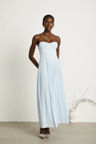 **Alt Text:**  
Strapless blue pleated maxi dress with shell-shaped chest cup and corset-style bodice, an elegant House of CB dupe inspired by the Marcella dress. Perfect for formal events, weddings, or as an alternative bridal gown. Cielie