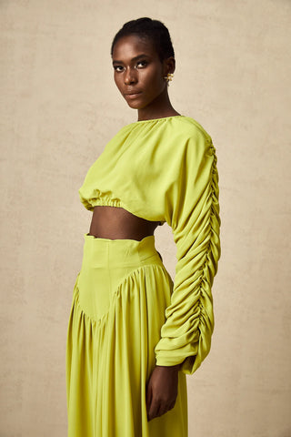 Model wearing a pistachio lime  green smocked long-sleeve crop top paired with a high-waisted pleated maxi skirt, perfect for summer and spring events. Two piece Skirt Set Maxi Long Sleeve - Vienna Shopping Brands to buy things to buy vienna christmas