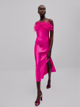 Liamy - Silk Satin Feather Trim Dress pink, Cielie, Pink Dress, Summer dress pink feather, Pink bridesmaids dress, Pink satin dress