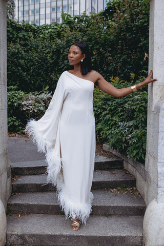 One Shoulder Maxi Gown Dress White Ivory Creme with Feathers trimmed for modern bridal dress feathers vogue designer Ubud one-shoulder feather-trimmed crepe maxi dress Taller Marmo Style Similar brand sale