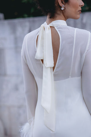 White Feather Dress Mini Bridal Long Sleeve Silk Taller Marmo Gina Feather Trim - Bridal Dress Bridal Shower Dress Ivory White Designer Elegant Modern Bride Vogue Style - Cielie Vienna