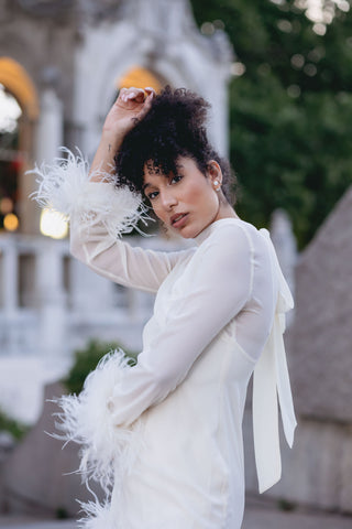 White Feather Dress Mini Bridal Long Sleeve Silk Taller Marmo Gina Feather Trim - Bridal Dress Bridal Shower Dress Ivory White Designer Elegant Modern Bride Vogue Style - Cielie Vienna