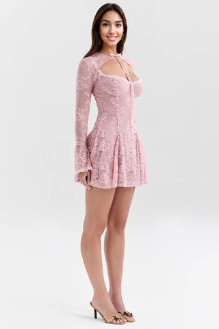 Pink Long sleeve mini lace dress romantic HOFCB