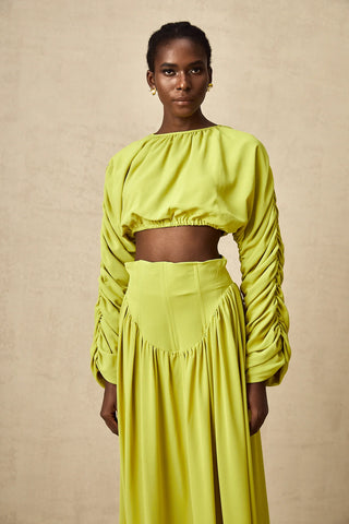 Model wearing a pistachio lime  green smocked long-sleeve crop top paired with a high-waisted pleated maxi skirt, perfect for summer and spring events. Two piece Skirt Set Maxi Long Sleeve - Vienna Shopping Brands to buy things to buy vienna christmas
