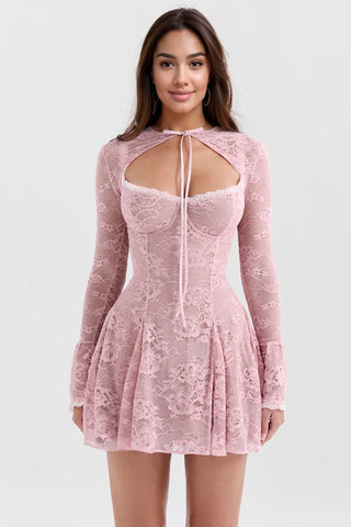 Pink Long sleeve mini lace dress romantic HOFCB