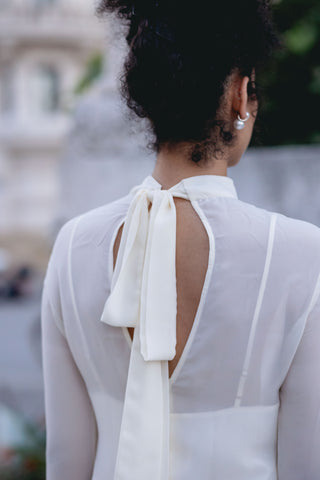 White Feather Dress Mini Bridal Long Sleeve Silk Taller Marmo Gina Feather Trim - Bridal Dress Bridal Shower Dress Ivory White Designer Elegant Modern Bride Vogue Style - Cielie Vienna