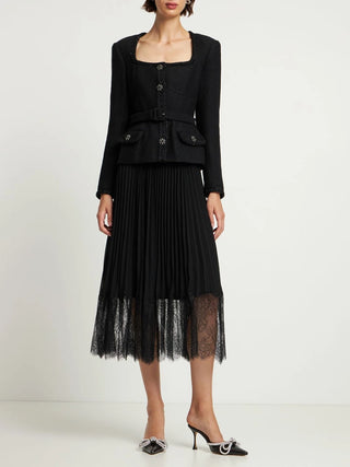 Black tweed tailored jacket with belt and crystal buttons – elegant formalwear