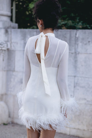 White Feather Dress Mini Bridal Long Sleeve Silk Taller Marmo Gina Feather Trim - Bridal Dress Bridal Shower Dress Ivory White Designer Elegant Modern Bride Vogue Style - Cielie Vienna