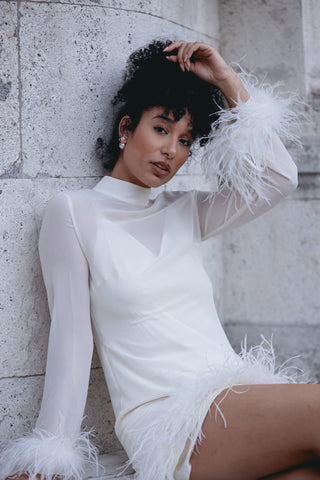 White Feather Dress Mini Bridal Long Sleeve Silk Taller Marmo Gina Feather Trim - Bridal Dress Bridal Shower Dress Ivory White Designer Elegant Modern Bride Vogue Style - Cielie Vienna
