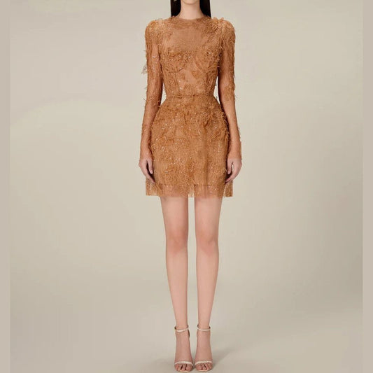 Women's Mini Dress Lace brown -Cielie