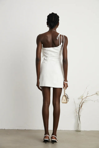 White Mini dress One Shoulder Floral 3D Applications, Sommerkleid Weiß Mini 3D Floral, Bridal Mini Dress - Cielie Vienna