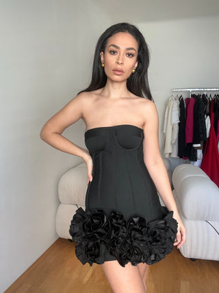 Black Mini Corset Party Dress Floral Rose Skirt Black