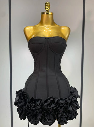 Black Mini Party Dress Flower Roses Skirt Part - Cielie