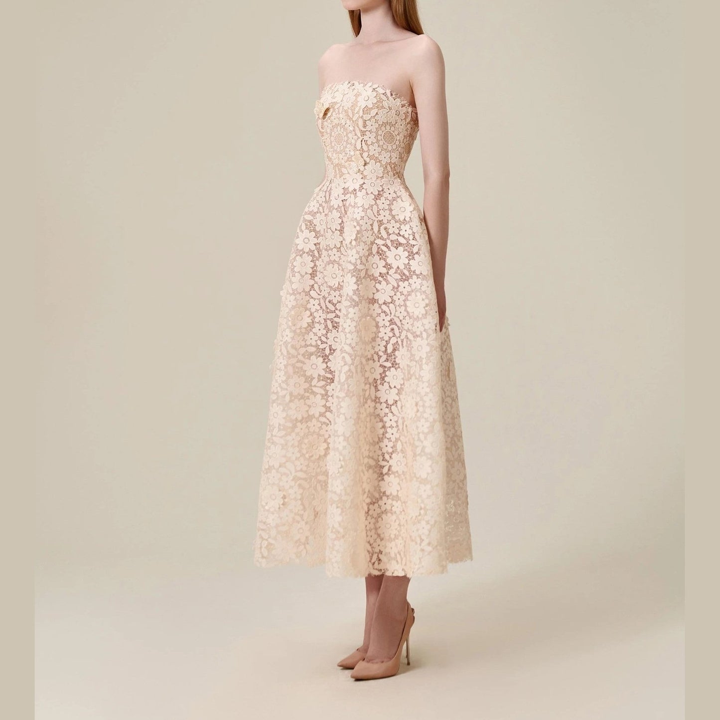 CINDY | Lace Midi Dress strapless summer wedding guest dress  - Cielie