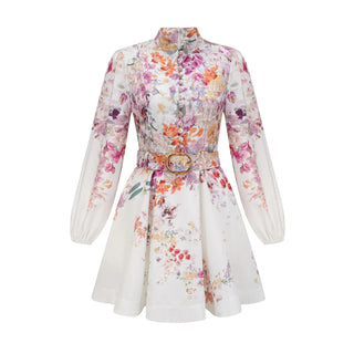 Floral Mini Dress White Pink Longsleeve Linen - Cielie Vienna Fashion Brand Shopping