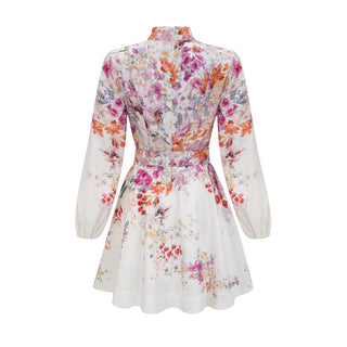 Floral Mini Dress White Pink Longsleeve Linen - Cielie Vienna Fashion Brand Shopping