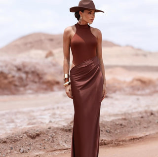 Esila brown sleeveless maxi dress with elegant draped skirt and form-fitting bodice for summer events Camila Coelho Estrella