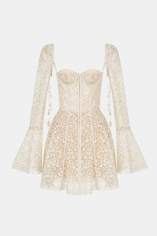 Model wearing the 'Romance' Lace Dress in beige, featuring long sleeves, an A-line silhouette, a bustier top, and intricate lace detailing, perfect for weddings and special occasions. Mini Elegant Designer - Cielie