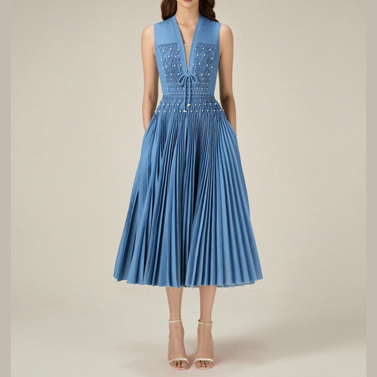 LINDA | Blue Denim Midi Pleated Dress - Cielie