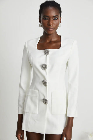 White Elegant Bridal Moden Dress Longsleeve Clean Blazer Style, Weißes Elegantes Business Chich Kleid - Cielie Vienna