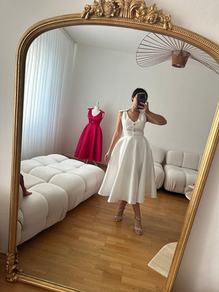 White Cocktail Dress - Bridal Dress Engagement Dress Midi Elegant Clean - Cielie Vienna Fashion Brand