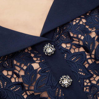 Self-Portrait Blue Navy Lace Open Neck Midi Dress for Women Sale, Old money Style Elegant Dress DARKBLUE  NAVY Dress Midi Vintage - Cielie