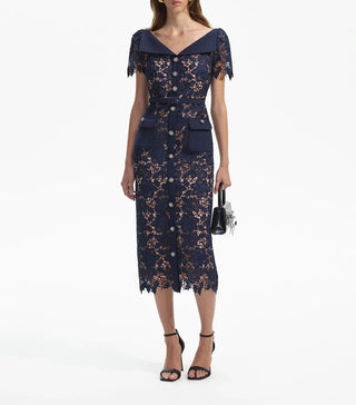 Self-Portrait Blue Navy Lace Open Neck Midi Dress for Women Sale, Old money Style Elegant Dress DARKBLUE  NAVY Dress Midi Vintage - Cielie