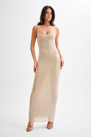 Nudy Maxi Dress with hot fix rhinestones, mesh backless design, elegant nude dress for formal events
