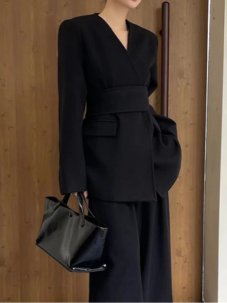 Black Suit Blazer Wide Leg Pants Elegant Woman Business with Belt Winter