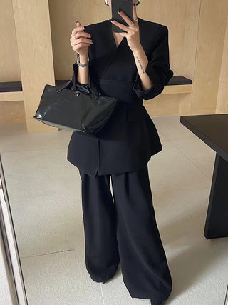 Black Suit Blazer Wide Leg Pants Elegant Woman Business with Belt Winter