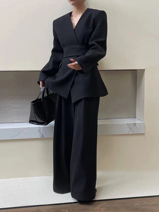 Black Suit Blazer Wide Leg Pants Elegant Woman Business with Belt Winter