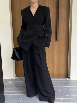 Black Suit Blazer Wide Leg Pants Elegant Woman Business with Belt Winter