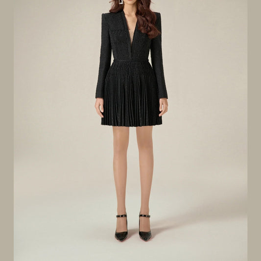 SELIN | Tweed Mini Dress pleated business black dress - Cielie