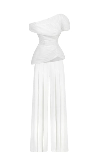 SEZAN | White Two Piece Pant Suit - Cielie White pant suit set bridal - Asymmetric off-shoulder top with entire gathering detail and fitted waist, paired with wide-leg pleated pants. Perfect for modern brides, business attire, and summer events. Elegant and sophisticated design ideal for versatile occasions.