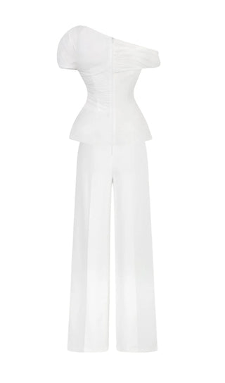 SEZAN | White Two Piece Pant Suit - CielieWhite pant suit set bridal - Asymmetric off-shoulder top with entire gathering detail and fitted waist, paired with wide-leg pleated pants. Perfect for modern brides, business attire, and summer events. Elegant and sophisticated design ideal for versatile occasions.