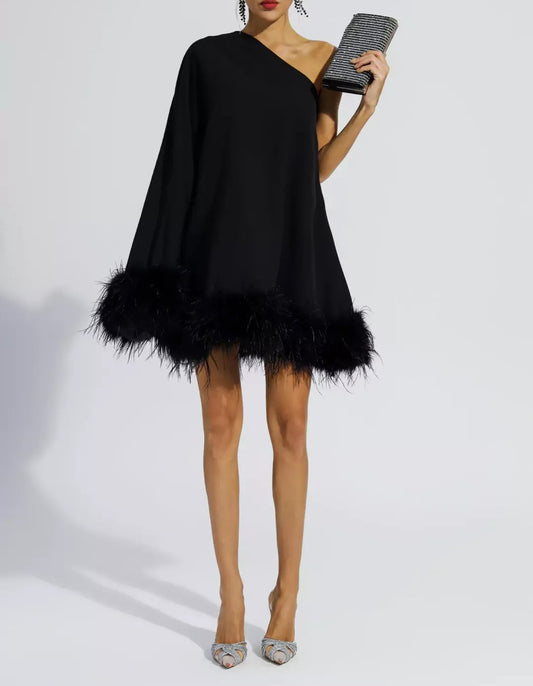 SOREL | One Shoulder Feather Dress - Cielie Cape dress feather trim