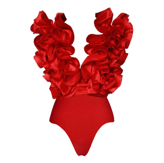 Red ruffled two-piece beach set featuring a bikini with a matching asymmetric skirt. Stylish swimsuit and cover-up combination in polyester/spandex for a bold, elegant beachwear look. Cielie Vienna